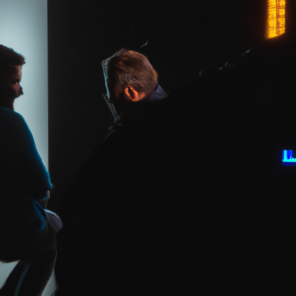 Producer and director preparing an interview under three-point lighting with a monitor wall